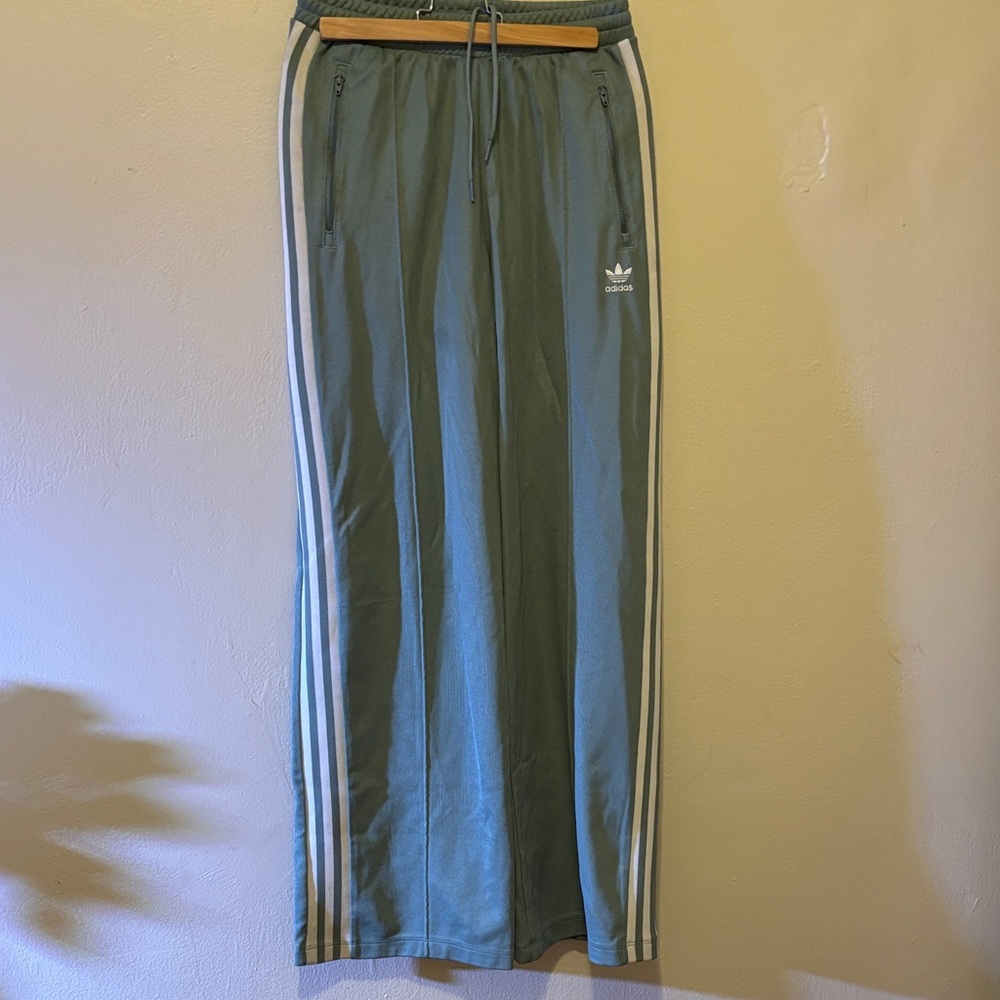 Adidas Sage Green Track Pants with White Stripes Bottoms small